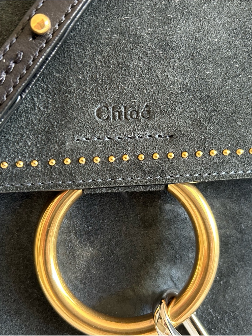 Chloé Navy Medium Studded Faye Suede Shoulder Bag with Gold Ring & Chain - Picture 5 of 16
